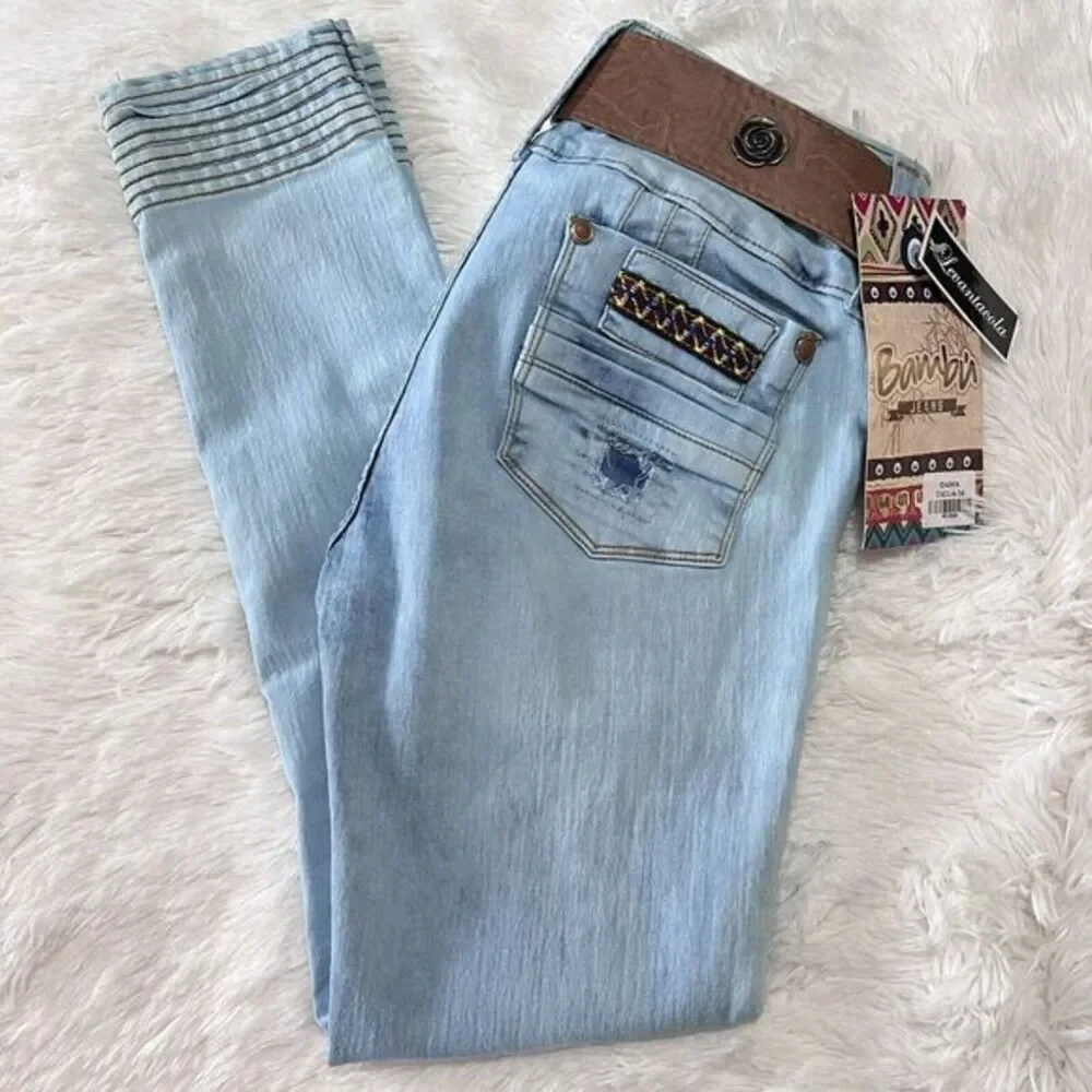 Bambu Women's Jeans‎ Stretch Skinny Destroyed Denim with Belt - 9 US 14 Colombia
